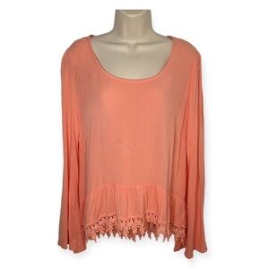 Blu Pepper Coral Boho Long Sleeve Round Neck Embroidered Hem Top Size M